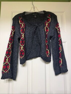 INC International Concepts Charcoal Knit Cardigan with Red & Cream Accents